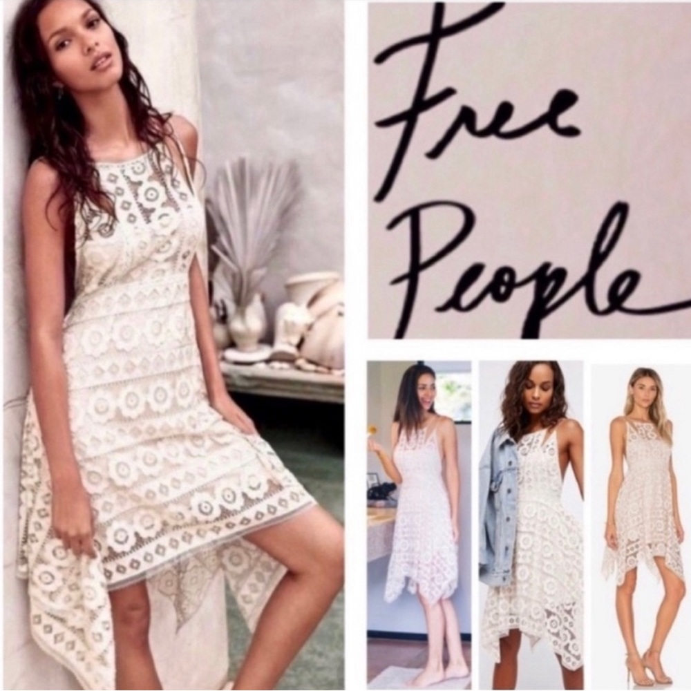 Free People Ivory Just Like Honey Lace Asymmetrical Hem Strappy Dress Size Small